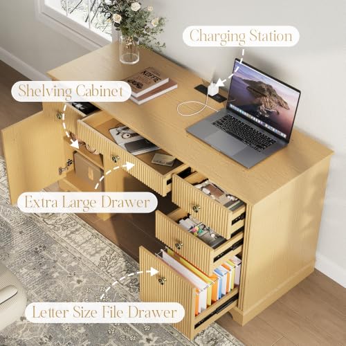 59" Executive Desk with Charging Station and 5 Drawers, Large Writing Study Table Computer Desk with Fluted Panel and Storage Cabinet with Adjustable Shelf, for Home Office Living Room and Study Room