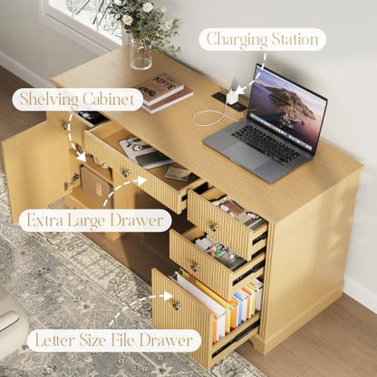 59" Executive Desk with Charging Station and 5 Drawers, Large Writing Study Table Computer Desk with Fluted Panel and Storage Cabinet with Adjustable Shelf, for Home Office Living Room and Study Room