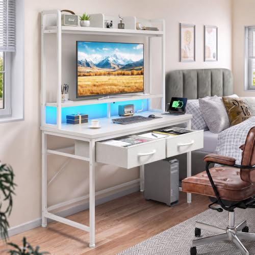 DurayLoly Computer Desk with Monitor Stand, LED Lights,Power Outlet - color: White, size: 18.9"D x 39.4"W x 61.1"H