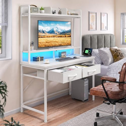 DurayLoly Computer Desk with Monitor Stand, LED Lights,Power Outlet - color: White, size: 18.9"D x 39.4"W x 61.1"H