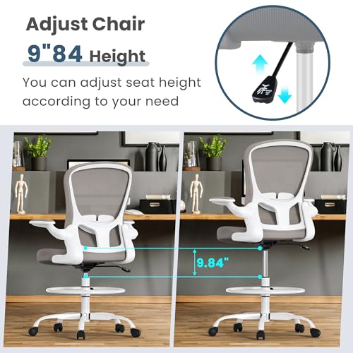 Drafting Chair, Tall Office Chair with Flip-up Armrests Executive Ergonomic Computer Standing Desk Chair, Office Drafting Chair with Lumbar Support and Adjustable Footrest Ring - color: Light Grey&white