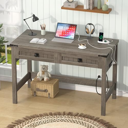 39 Inch Farmhouse Small Computer Desk with Drawers for Bedroom, Home Office - color: Grey