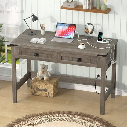 39 Inch Farmhouse Small Computer Desk with Drawers for Bedroom, Home Office - color: Grey