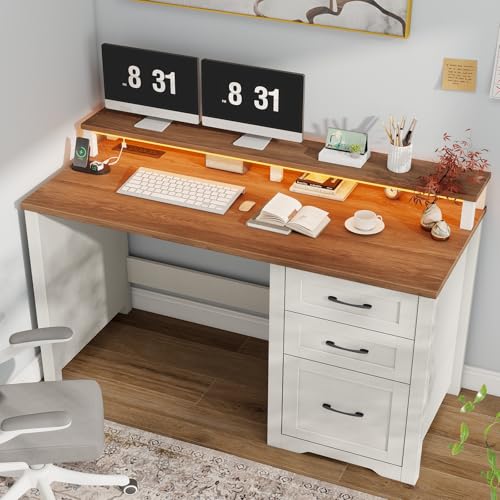 Vabches 47" Farmhouse Executive Desk with 3 Drawers,LED Lights,Unique White - color: Unique White, size: 3 Drawers & Monitor Stand