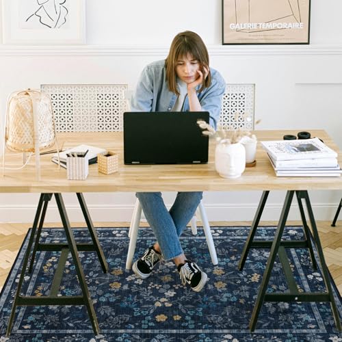 chakme Office Chair Mat for Hardwood Floor, 48"x36" Easy Glide Computer Desk Mat Protector for Rolling Chair Under Desk Rug Nonslip Backing, Machine Wash, (Floral) - color: Dark Blue, size: 36"x48"