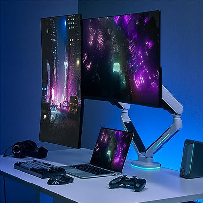 AVLT Dual 27”-43” RGB Gaming Monitor Arm Desk Mount - White | Built-in 20 Lighting Modes Touch Button Control Fits Flat/Curved/Ultrawide Screen Height Swivel Tilt Rotation Adjustable - color: White - Dual