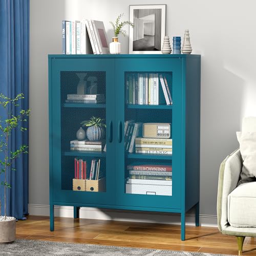 Ustamio Blue Metal Storage Cabinet with Mesh Doors, Small Office Storage with 2 Adjustable Shelves, Accent Metal Locker for Home, Office, Living Room, Hallway - color: Dark Blue, size: 40"H-Mesh Doors
