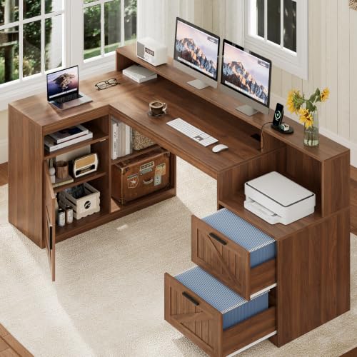 TVU Farmhouse L Shaped Desk with Drawers, 62.2" Home Office Desk with Storage Shelves and Power Outlet, L Shaped Computer Desk with Monitor Stand and Printer Shelf, Brown - color: Brown