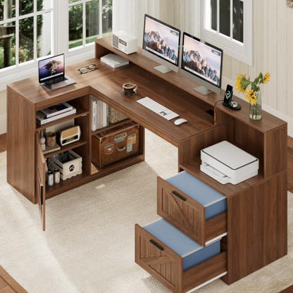 TVU Farmhouse L Shaped Desk with Drawers, 62.2" Home Office Desk with Storage Shelves and Power Outlet, L Shaped Computer Desk with Monitor Stand and Printer Shelf, Brown - color: Brown