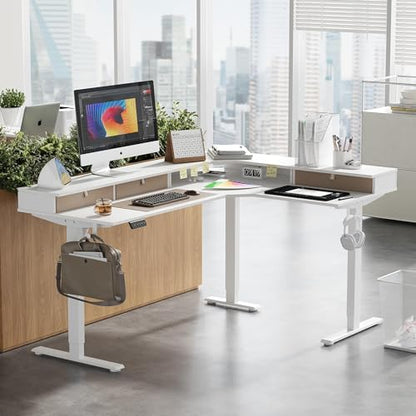 FEZIBO L Shaped Electric Standing Desk, 63x48 inch Large with Drawers | Reversible Tabletop, 2 Memory Height Settings | Home Office & Gaming Height-Adjustable Table, Warm White（2 Packages） - color: Warm White, size: 63"x48"