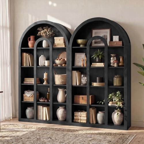 Tribesigns 71" Tall Bookshelf Set of 2, 5-Tier Black Arched Bookcase with Open Shelves, Vintage Free-Standing Display Shelves with Rustic Wood Finish for Living Room, Office, Bedroom - color: Black