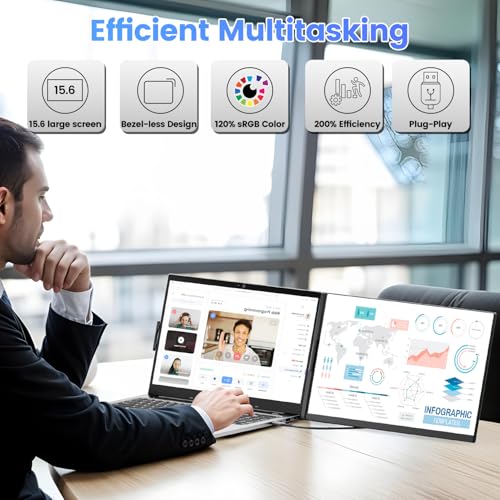 Teamgee 15.6" Laptop Screen Extender, Slim & Lightweight Portable Monitor for Laptop, Full HD IPS, 360° Rotating Stand, Detachable, USB-C Plug & Play, RGB Lighting, Thin Bezels - size: Screen 15.6