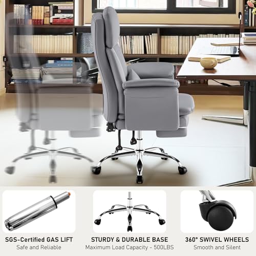Comfortable Home Office Chair with Footrest 400lbs, Premium PU Leather Office Chair with High Back Adjustable Lumbar Support Double-Layered Armrests,Reclining Chairs,Gray - color: Grey