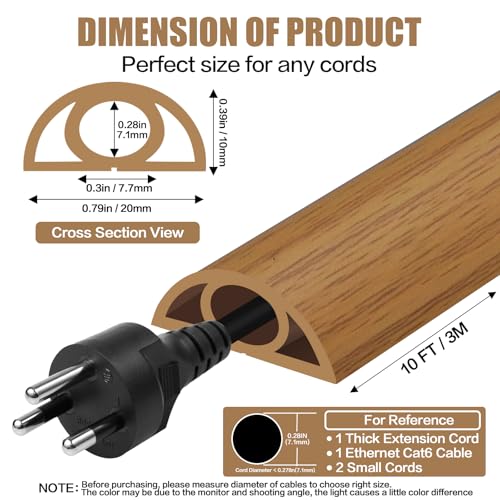 Floor Cord Cover Self Adhesive Cord Hider,10FT Cable Management, Extension Strip Protector for Wires, Prevent Cable Trips for Offices, Gyms, Exhibitions Cavity:0.3"(W) x 0.28"(H) Brown Wood - color: Brown Wood, size: 0.78" x 10'