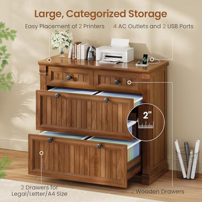 SEDETA 4 Drawers File Cabinet, 33" Farmhouse Filing Cabinets for Home Office fit Legal/Letter/A4 File, Wood Office File Cabinet with Power Outlets, Printer Stand with Storage, Brown - color: Brown
