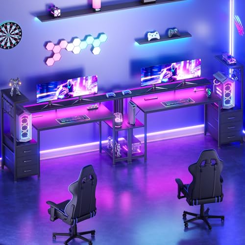 Korfile 55" Gaming Desk with Power Outlet, LED, Carbon Fiber Black Finish - size: 55 Inches