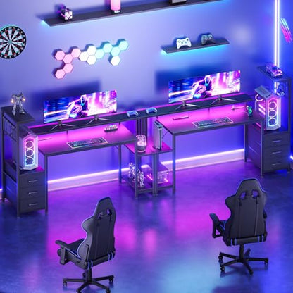 Korfile 55" Gaming Desk with Power Outlet, LED, Carbon Fiber Black Finish - size: 55 Inches