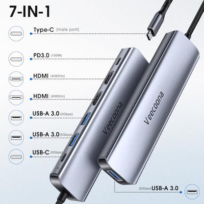 USB C to Dual HDMI Adapter, 7 in 1 Docking Station Dual Monitor | 3*USB-A Data Ports, 100W PD, HDMI Splitter Extended Display Laptop USB C Hub for MacBook, HP, Dell and More