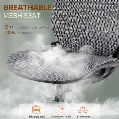 GABRYLLY Ergonomic Office Chair, High Back Home Desk Chair with Headrest, Flip-Up Arms, 90-120° Tilt Lock and Wide Cushion, Big and Tall Mesh Chairs for Man Woman, Grey Task Chair - color: Grey