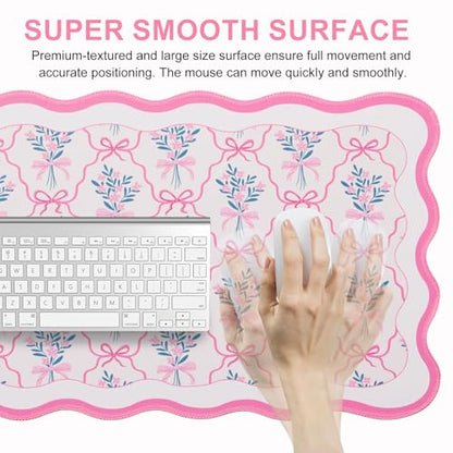 L-SPOUTTO Pink Floral Mouse Pad,Cute Scalloped Desk Mat XXL Gaming Mousepad | Girly Bow Large 35.4x15.7in Non-Slip Rubber Base Keyboard Pad Waterproof Desktop Mat for Laptop Computer Game Home Office - color: Flowers with Bow