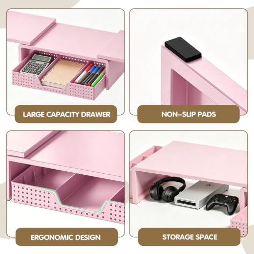 LEKETREE Dual Monitor Stand Riser with Drawer and 2 Pen Holders, Pink - color: Pink