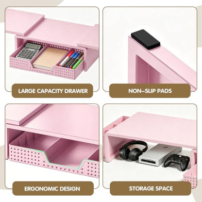 LEKETREE Dual Monitor Stand Riser with Drawer and 2 Pen Holders, Pink - color: Pink