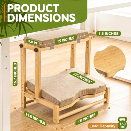 Two-Tier Bamboo Desk Footrest, Adjustable Ergonomic Leg Rest with Cushion | Adjustable 4 Heights Leg Rest with Removable Cushion, Wide Ergonomic Platform Ideal for Office, Gaming, and Study