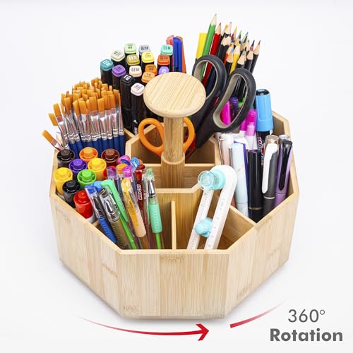 CraftGenes Bamboo Rotating Pen Organizer for Desk with 10 Compartments