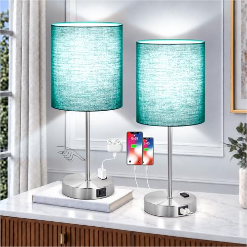 Lynnoland Green Touch Table Lamps Set of 2 with 2 USB & AC Outlet, 3-Way Dimmable Bedside Nightstand Lamps for Bedroom Lamps Living Room Nursery, 800 Lumens 5000K Daylight Bulbs Included - color: Green & Brushed Nickel (Base) - 5000K