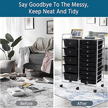 Yaheetech 15-Drawer Rolling Storage Cart on Wheels, Craft Organizer, Black - color: Black, style: 15 Drawers