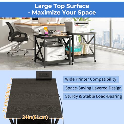 METYERRY 23.6"x23.6" Large Printer Stand with Power Outlet | 2 Tier Storage Shelf, 200 lbs Heavy Duty, Industrial Wheels, Fits 3D Printers, Laser Printers and Heat Press, Home Office - color: Black