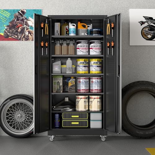 Aobabo Metal Garage Storage Cabinet with Wheels and Pegboard, Black | 71"H x 32"W x 16"D steel cabinet with 5 adjustable shelves, lock, pegboard doors and casters; assembly required. - color: Black, size: 16"D x 32"W x 71"H-0 Drawers