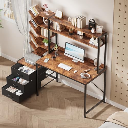 YOMILUVE 52" Computer Desk with Bookshelf, 3 Drawers ＆ Hutch for Bedroom | Office Desk with Printer Shelf, Study Writing Desk with Storage Shelves, Rustic Brown - color: Rustic Brown