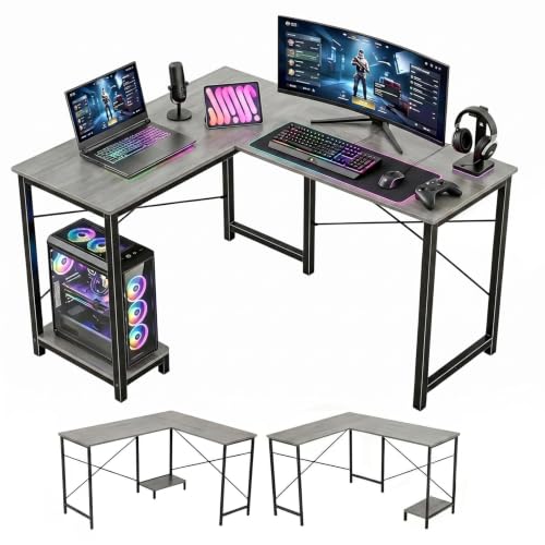 L Shaped Desk, 50 Inch Reversible Computer Desk Corner Gaming Table with CPU Stand, Sturdy Metal Frame PC Workstation for Home Office - color: Grey Wood