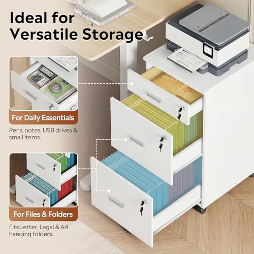 DEVAISE 3 Drawer File Cabinet with Lock & Wheels, White | Wood printer stand, Mobile filing cabinets for home office, Fits Letter/A4 Size - color: White