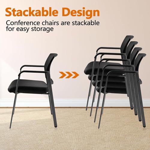 CLATINA Home Office Desk Chair No Wheels,Ergonomic Mesh Mid Back Stacking Arm Chair for Remote Learning,Small Office,Guest Chair,College Apartment (Black, 4 Pack)