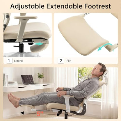 Ergonomic Foldable Office Chair with Footrest and Lumbar Support, Cream - color: Cream