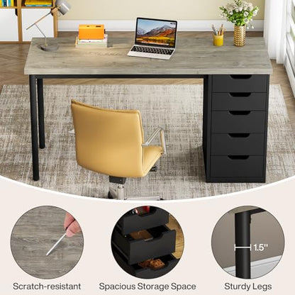 Tribesigns Computer Desk with 5 Drawers, 47 inches Rustic Brown Home Office Desk with Storage, Modern Simple Laptop Desk Study Writing Table for Small Spaces (1, Grey+Black) - color: Grey+black