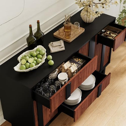 Modern Sideboard Cabinet with 3D Geometric Doors, 54 inch TV Cabinet with 4 Door and 3 Drawers, Buffet Storage Credenza for Living Room, Kitchen (Walnut)
