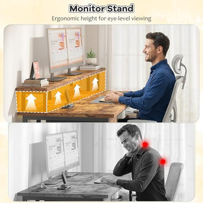 DurayLoly Computer Desk with 55" Long Monitor Stand, 18"Ample Printer Space | Storage Drawer and File Shelves,Versatile RGB LED Lighting,Built-In USB Outlet,Sturdy Metal Frame,Bedroom Writing Desk,Brown - color: Rustic Brown