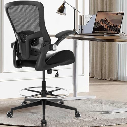 Drafting Chair, Tall Office Chair with PU Leather Seat, Standing Desk Chair Counter Height Office Chairs with 21.65'' Footrest Ring and Adjustable Lumbar Support Armrests Black
