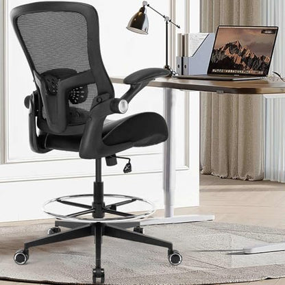 Drafting Chair, Tall Office Chair with PU Leather Seat, Standing Desk Chair Counter Height Office Chairs with 21.65'' Footrest Ring and Adjustable Lumbar Support Armrests Black