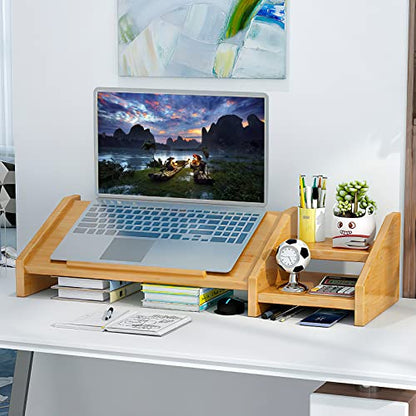 Ufine Bamboo Laptop Stand for Desk with Storage Computer Monitor Riser | 3 Heights Adjustable, Notebook Printer Stand Desktop Organizer for Home Office