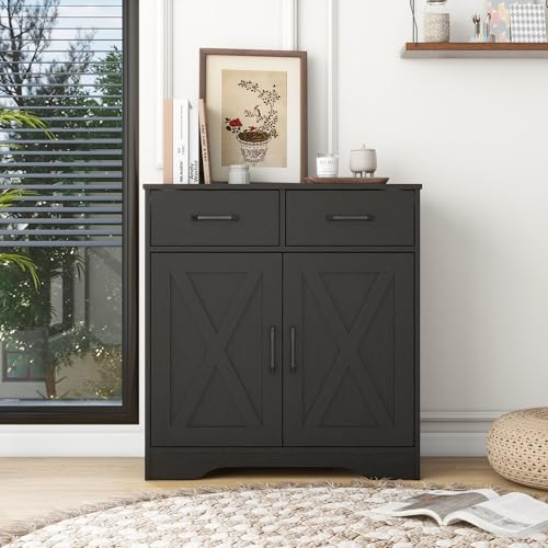 Panana Sideboard 2 Drawers 2 Doors Entryway Storage Cabinet Living Room Organizer Farmhouse Style Wooden Kitchen Cupboard (Black) - color: Black