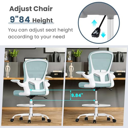 Drafting Chair, Tall Office Chair with Flip-up Armrests Executive Ergonomic Computer Standing Desk Chair, Office Drafting Chair with Lumbar Support and Adjustable Footrest Ring - color: Light Blue&white
