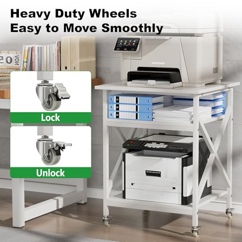 3 Tier Printer Stand, Large 23.6"x23.6" Printer Table with Wheels | 3d Rolling Printer Cart with Height Adjustable Storage Shelf,Fit printer/fax/3d/scanner for Home Office, White - color: White