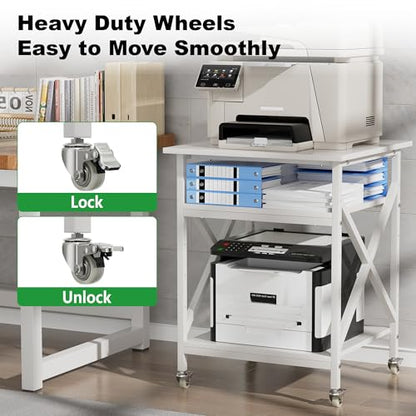 3 Tier Printer Stand, Large 23.6"x23.6" Printer Table with Wheels | 3d Rolling Printer Cart with Height Adjustable Storage Shelf,Fit printer/fax/3d/scanner for Home Office, White - color: White