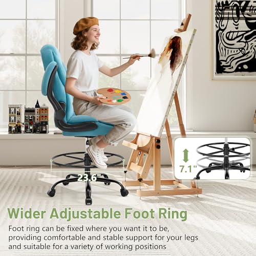 500LBS Drafting Chair, High Back Safer Standing Desk Chair, Executive Tall Office Chair with Flip-up Armrests, Upholstered Fabric Task Chair, Ergonomic Seat with Adjustable Height&Foot Ring, Blue - color: Blue