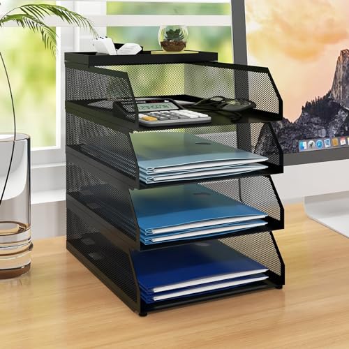 Natwind 4-Tier Stackable Metal Mesh Desk Paper Tray Organizer,Black | Desktop Accessories for Office Supplies, Letter Tray For Paper Storage ,File Document Holder For Home School Classroom - color: Black, size: 4 tier