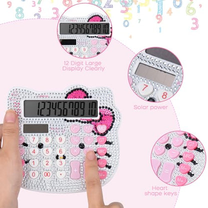 Women Calculators,Desktop Calculator 12 Digit with Large LCD Display and Sensitive Button, Solar and Battery Dual Power, Standard Function for Office, Home, School (White + White Diamonds) - color: White + White Diamonds